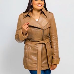 Whet Blu - Women’s GENIUNE LEATHER Trench Jacket Coat Camel size 3XL